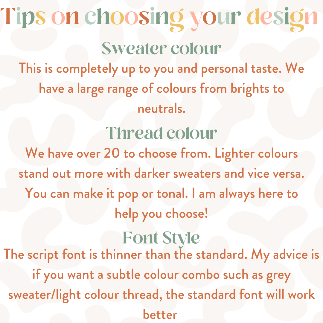 Design your own kids sweater. choose your sweater colour, font and single thread colour