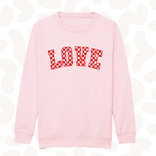 Girls Pink sweater with red checkered love sweater