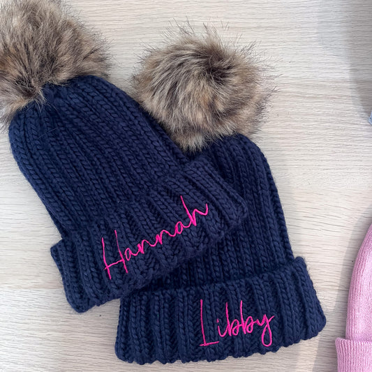 Infant personalised NAVY Pom Pom beanie age 1-3 years LIMITED AVAILABILITY