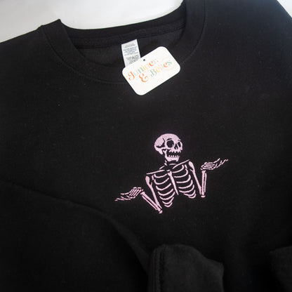 Shrugging Skeleton Halloween Zip Sweater Embroidered